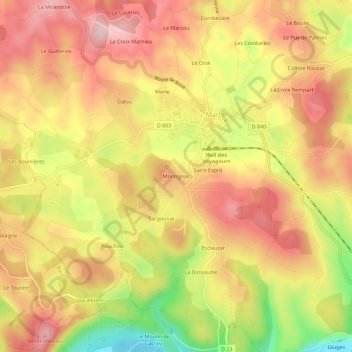 Mappa topografica Montignac, altitudine, rilievo