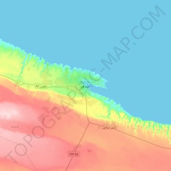 Mappa topografica Tobruch, altitudine, rilievo
