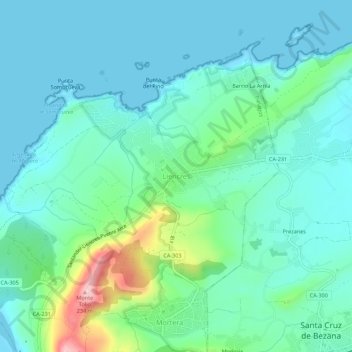 Mappa topografica Liencres, altitudine, rilievo