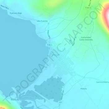 Mappa topografica Coñaripe, altitudine, rilievo