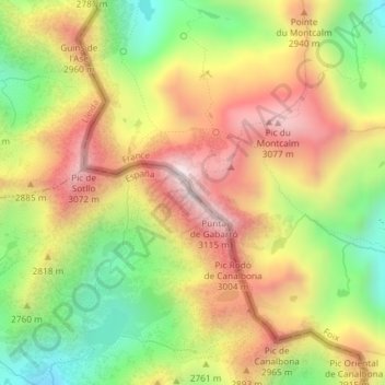 Mappa topografica Pica d'Estats, altitudine, rilievo
