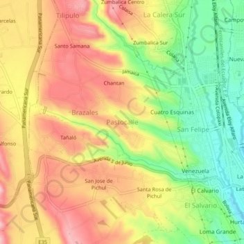 Mappa topografica Pastocalle, altitudine, rilievo
