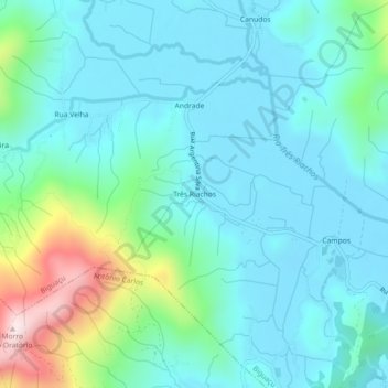 Mappa topografica Três Riachos, altitudine, rilievo