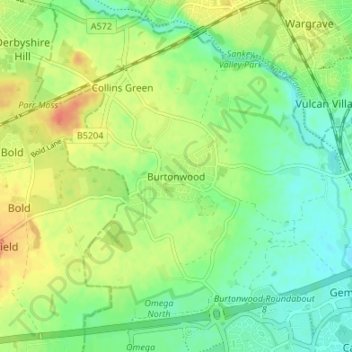 Mappa topografica Burtonwood, altitudine, rilievo