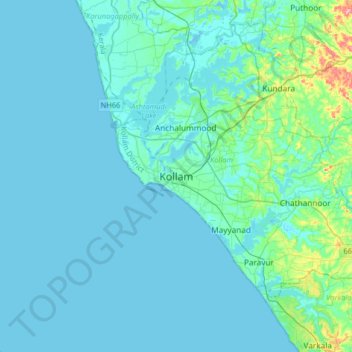 Mappa topografica Kollam, altitudine, rilievo