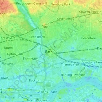 Mappa topografica Barking, altitudine, rilievo