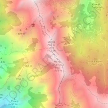 Mappa topografica Monte Sella (cima nord), altitudine, rilievo