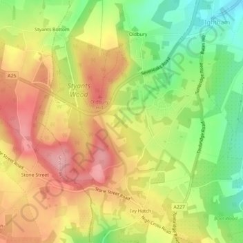 Mappa topografica Ightham Common, altitudine, rilievo