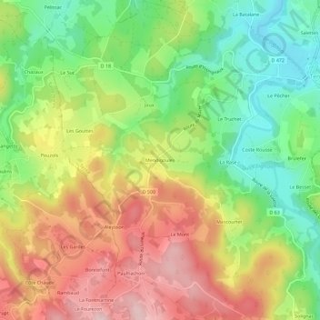 Mappa topografica Mendigoules, altitudine, rilievo