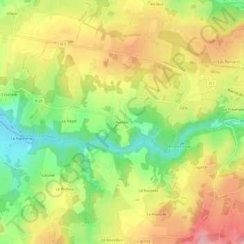 Mappa topografica Auzillac, altitudine, rilievo