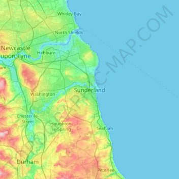 Mappa topografica Sunderland, altitudine, rilievo