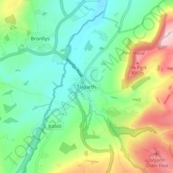 Mappa topografica Talgarth, altitudine, rilievo