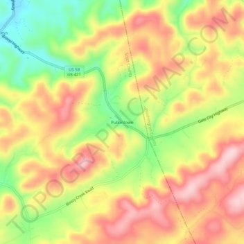 Mappa topografica Pullontown, altitudine, rilievo