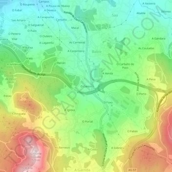 Mappa topografica O Canizo, altitudine, rilievo
