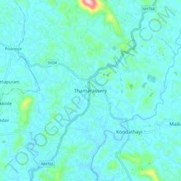 Mappa topografica Thamarassery, altitudine, rilievo