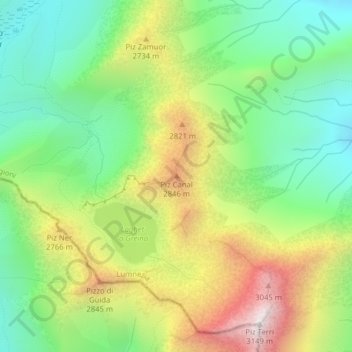 Mappa topografica Piz Canal, altitudine, rilievo
