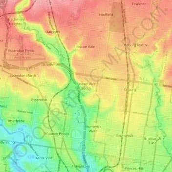Mappa topografica Pascoe Vale South, altitudine, rilievo