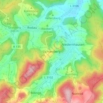 Mappa topografica Lichtenberg, altitudine, rilievo