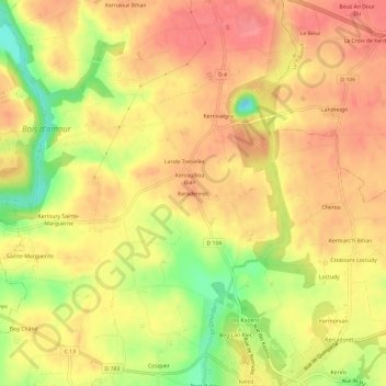 Mappa topografica Keradennec, altitudine, rilievo
