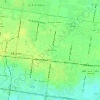 Mappa topografica Leona Colonia, altitudine, rilievo