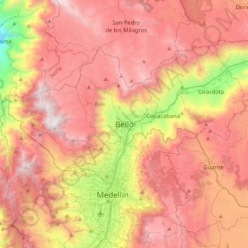 Mappa topografica Bello, altitudine, rilievo
