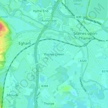 Mappa topografica Pooley Green, altitudine, rilievo