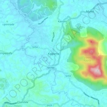 Mappa topografica Kalpetta, altitudine, rilievo