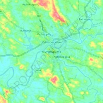 Mappa topografica Muvattupuzha, altitudine, rilievo