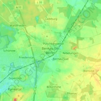 Mappa topografica Bernau bei Berlin, altitudine, rilievo