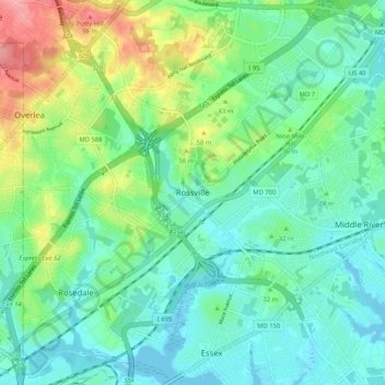 Mappa topografica Rossville, altitudine, rilievo
