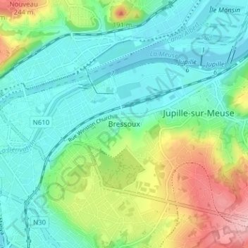 Mappa topografica Bressoux, altitudine, rilievo