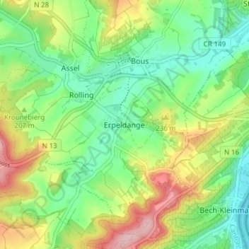 Mappa topografica Erpeldange, altitudine, rilievo
