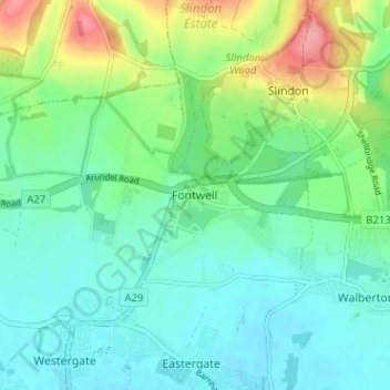 Mappa topografica Fontwell, altitudine, rilievo