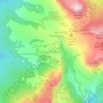 Mappa topografica Passo Rolle, altitudine, rilievo