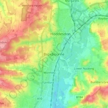 Mappa topografica Broxbourne, altitudine, rilievo