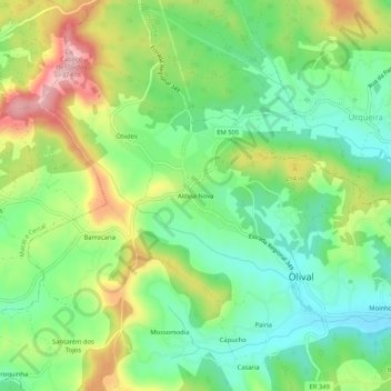 Mappa topografica Aldeia Nova, altitudine, rilievo