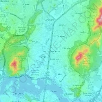 Mappa topografica North Canberra, altitudine, rilievo