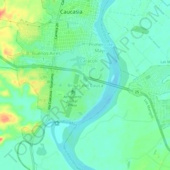 Mappa topografica Brisas del Cauca, altitudine, rilievo