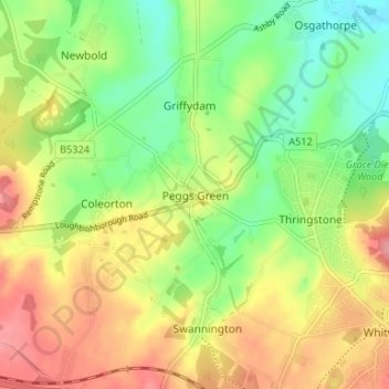 Mappa topografica Peggs Green, altitudine, rilievo