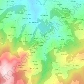 Mappa topografica Rubiás, altitudine, rilievo