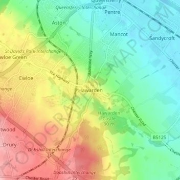 Mappa topografica Hawarden, altitudine, rilievo