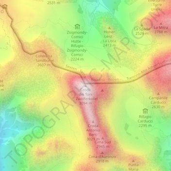Mappa topografica Croda dei Toni, altitudine, rilievo