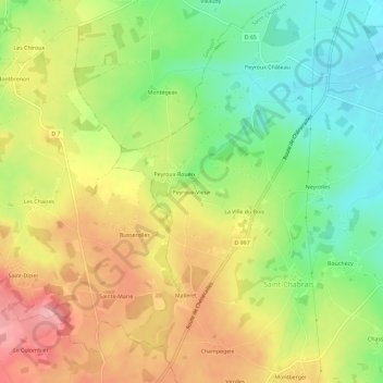 Mappa topografica Peyroux-Vieux, altitudine, rilievo