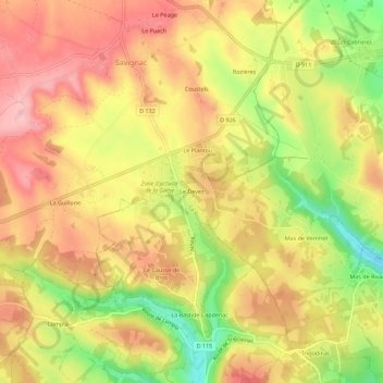 Mappa topografica Le Devez, altitudine, rilievo