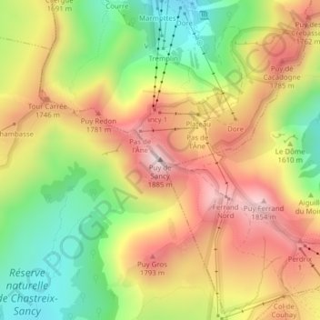 Mappa topografica Puy de Sancy, altitudine, rilievo