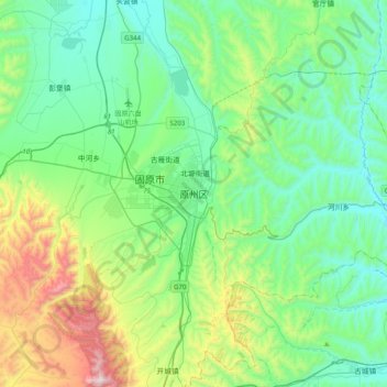 Mappa topografica 原州区, altitudine, rilievo