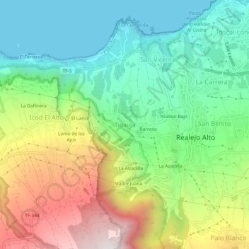 Mappa topografica Tigaiga, altitudine, rilievo