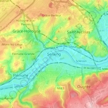 Mappa topografica Seraing, altitudine, rilievo