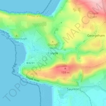 Mappa topografica Croyde, altitudine, rilievo