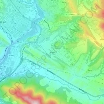 Mappa topografica Sardas, altitudine, rilievo